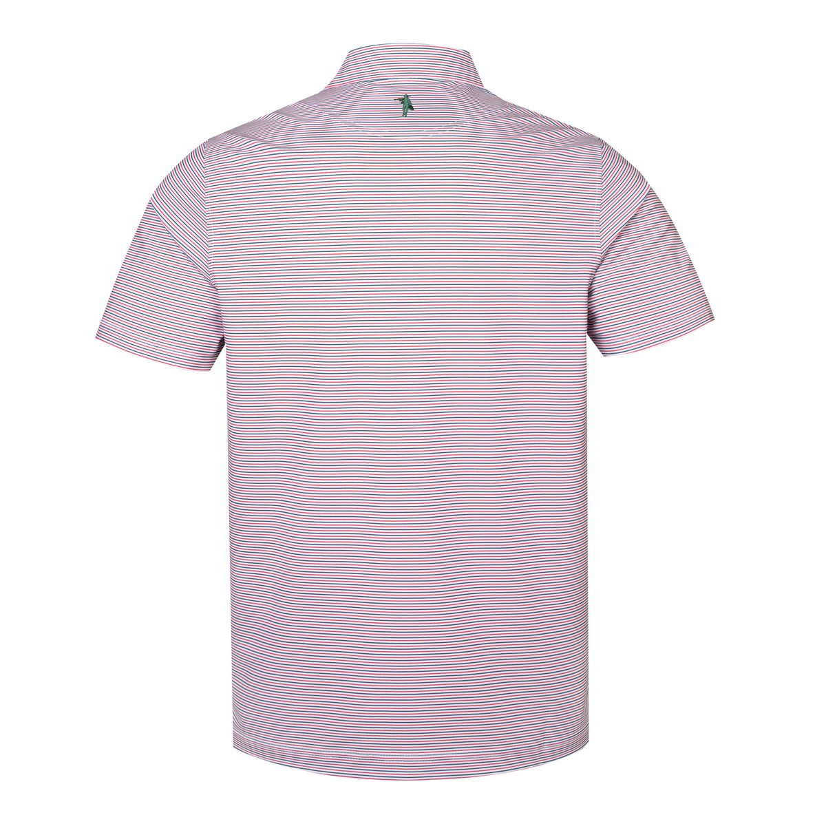 Back view of a short-sleeve polo shirt with thin horizontal stripes in pink, blue, and orange, featuring a small green embroidered logo on the upper back.