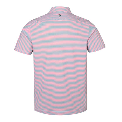 Back view of a short-sleeve polo shirt with thin horizontal stripes in pink, blue, and orange, featuring a small green embroidered logo on the upper back.