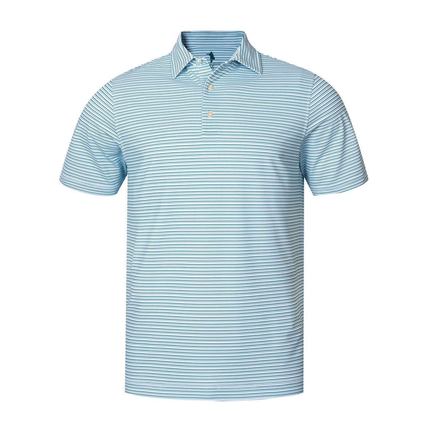 Light blue striped polo shirt on a white background