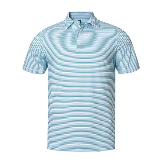 Light blue striped polo shirt on a white background