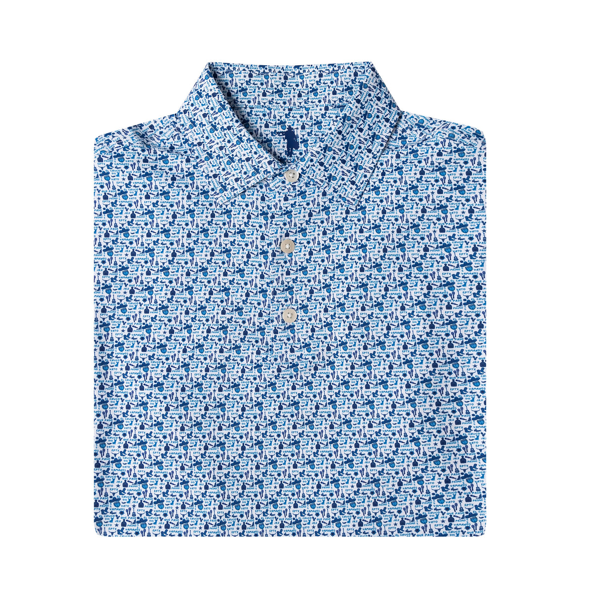 A folded short-sleeve button-up shirt with a dense blue and white micro-pattern, featuring a classic collar and three visible buttons, set against a plain white background.