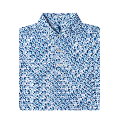 A folded short-sleeve button-up shirt with a dense blue and white micro-pattern, featuring a classic collar and three visible buttons, set against a plain white background.