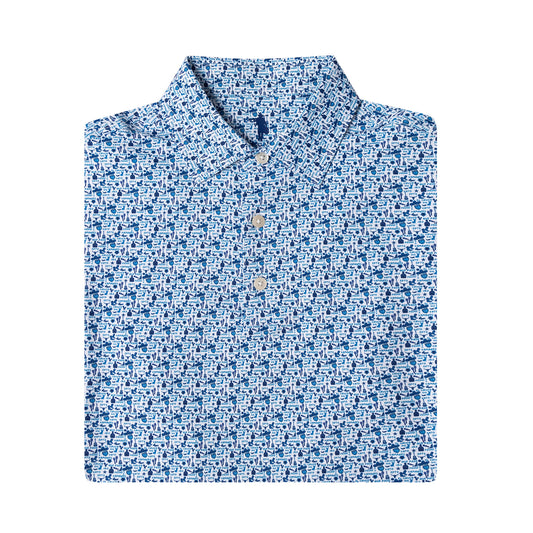 A folded short-sleeve button-up shirt with a dense blue and white micro-pattern, featuring a classic collar and three visible buttons, set against a plain white background.