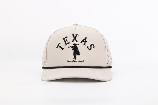 Beige cap with 'Texas' and a cowboy graphic on a white background