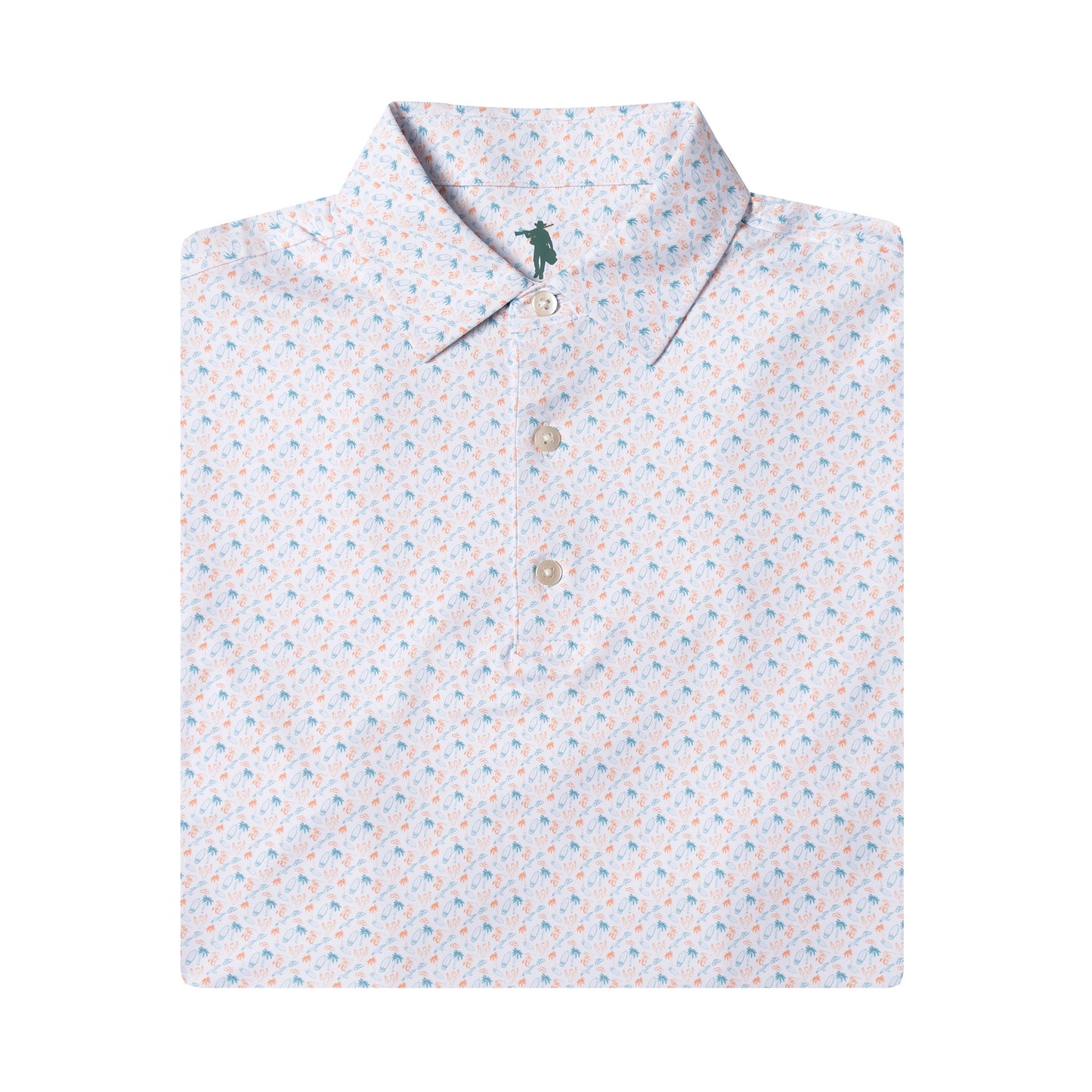 Patterned shirt with a small logo on a white background