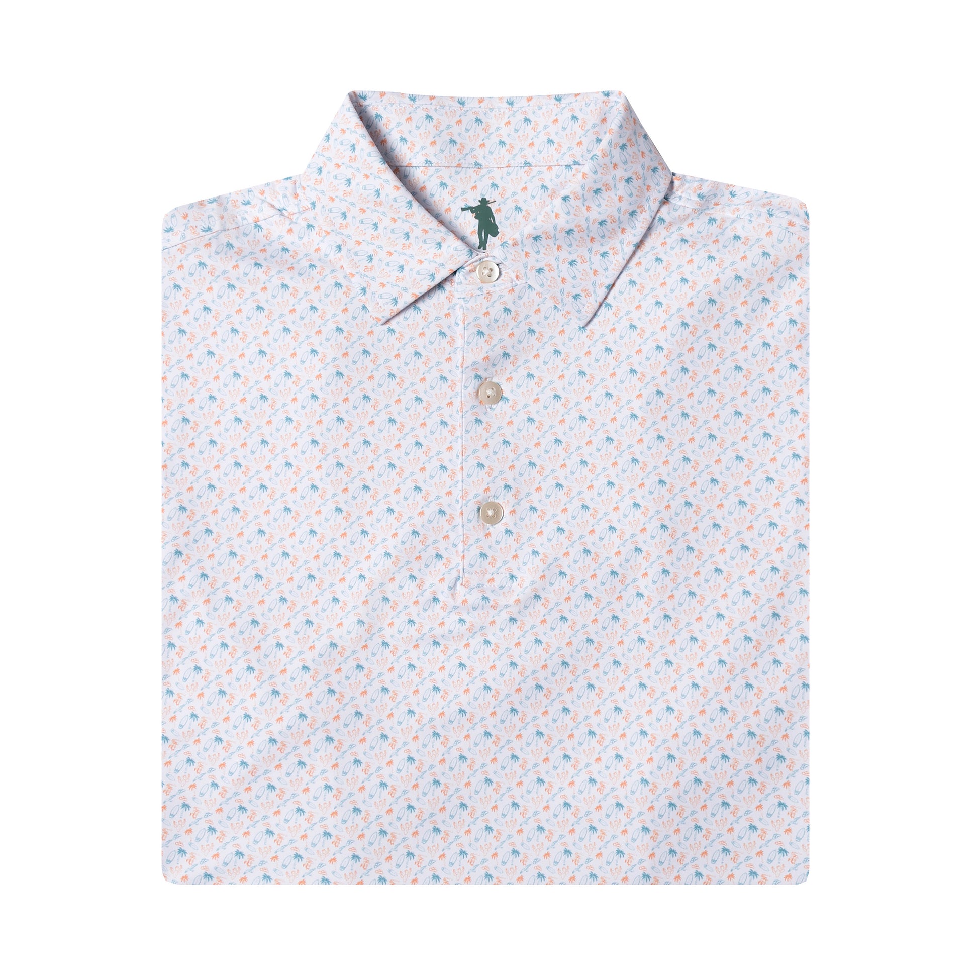Patterned shirt with a small logo on a white background