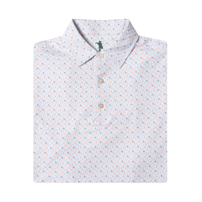 Patterned shirt with a small logo on a white background