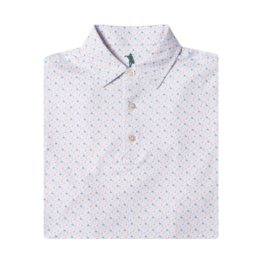Patterned shirt with a small logo on a white background