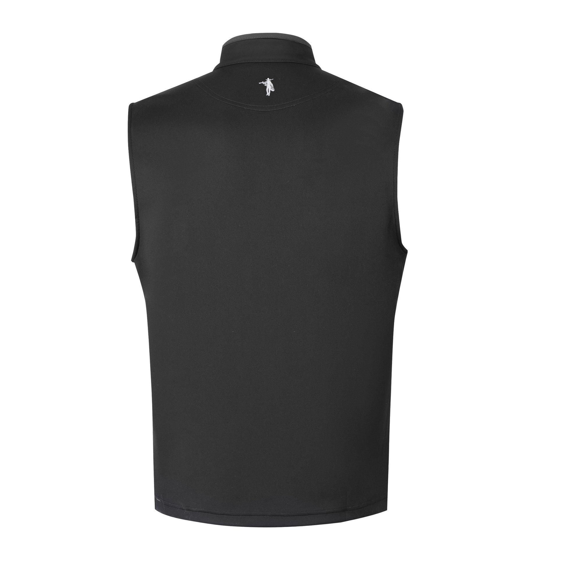 Black vest with a small logo on the chest against a white background