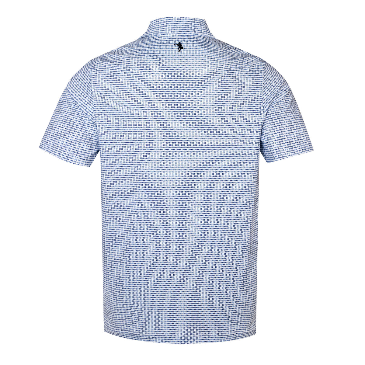 A short-sleeve button-up shirt with a fine blue and white gingham pattern, shown from the back on a white background.