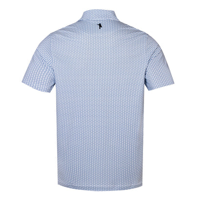 A short-sleeve button-up shirt with a fine blue and white gingham pattern, shown from the back on a white background.