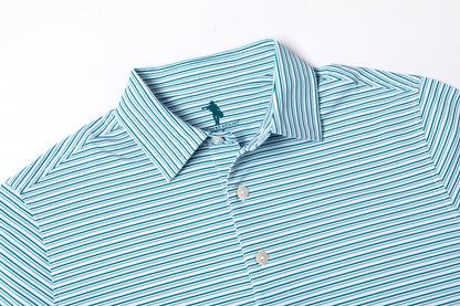 Teal and white striped shirt with a brand logo on a light gray background