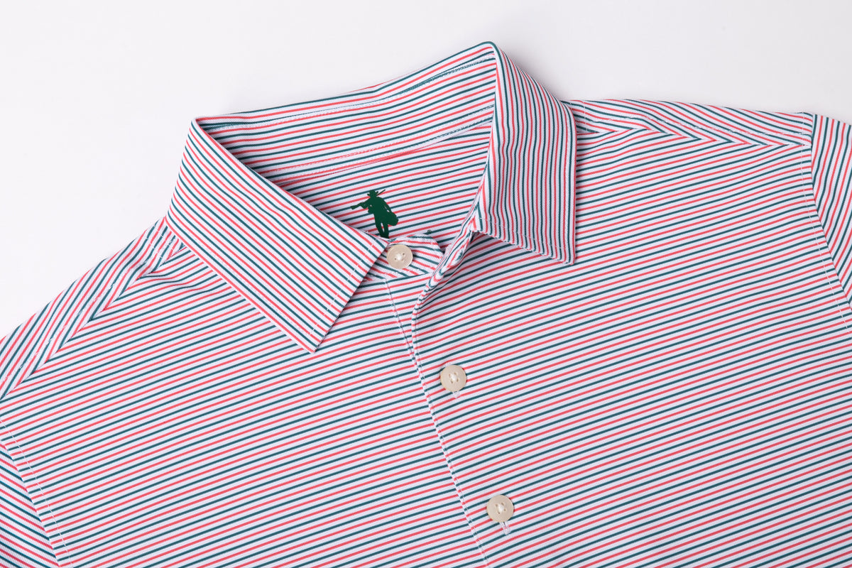 A close-up of a collared button-up shirt with thin red, blue, and white vertical stripes, featuring a small green polo player logo on the inner neck label.