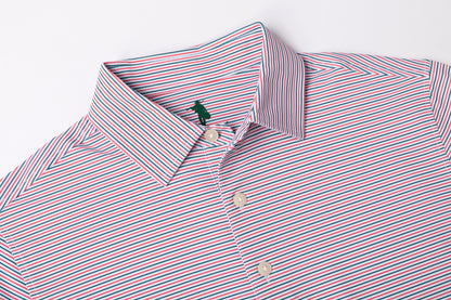 A close-up of a collared button-up shirt with thin red, blue, and white vertical stripes, featuring a small green polo player logo on the inner neck label.