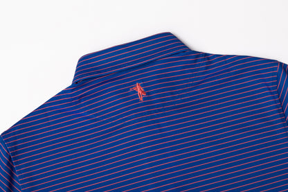 Close-up of the back collar of a blue and red striped polo shirt with a small red embroidered logo.