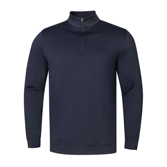 A dark navy blue long-sleeve quarter-zip pullover sweatshirt displayed on a clean white background.
