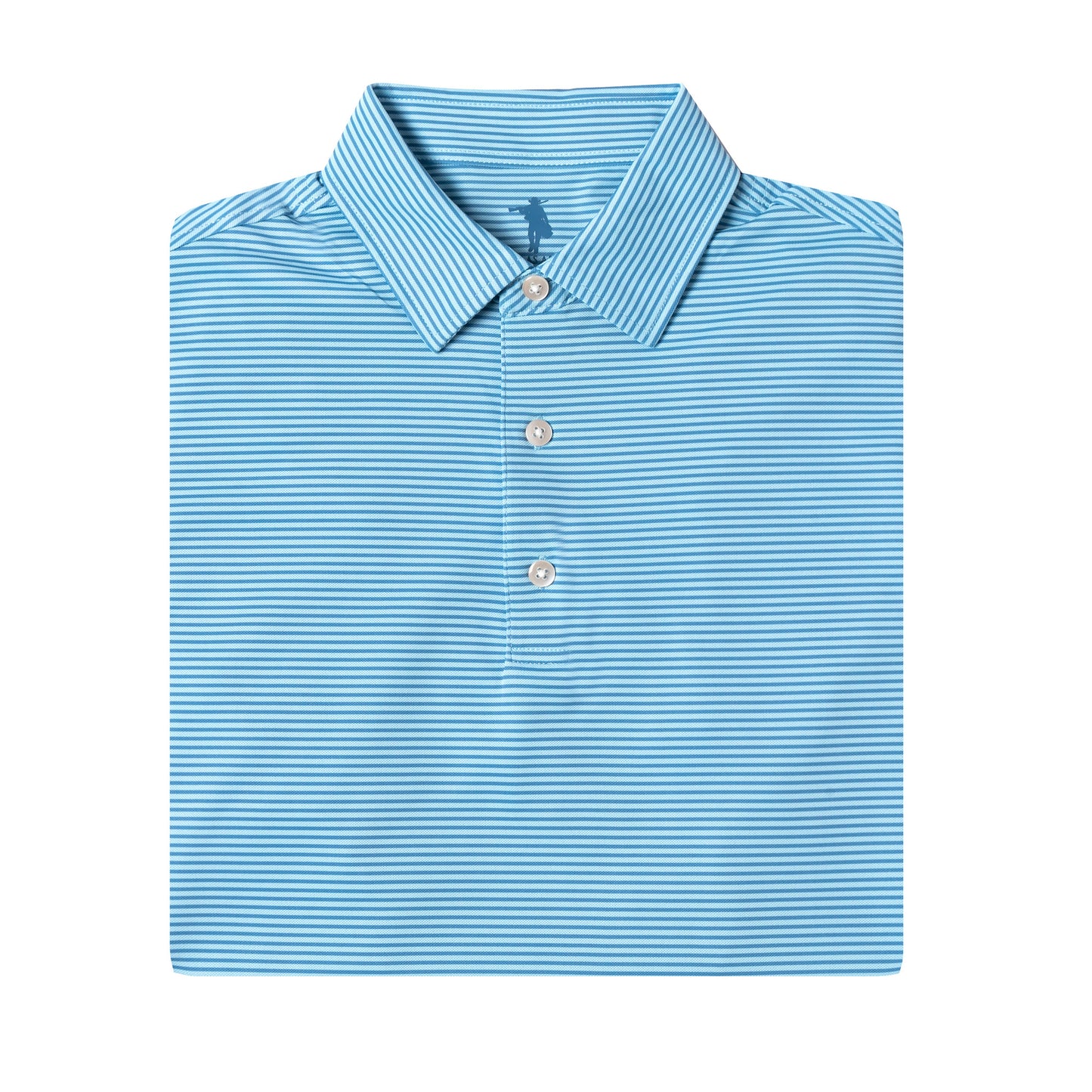 Folded blue striped polo shirt on a white background