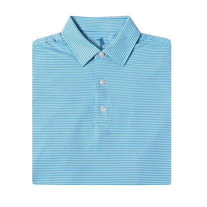 Folded blue striped polo shirt on a white background