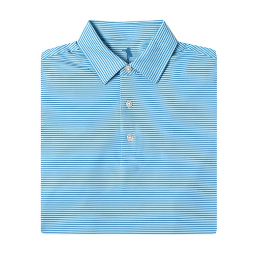 Folded blue striped polo shirt on a white background