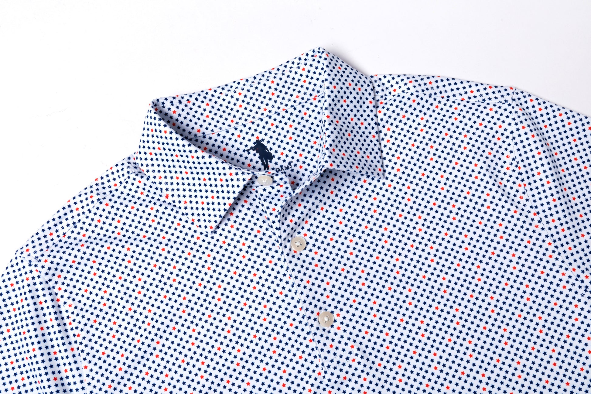 Close-up of a patterned shirt with a collar on a white background