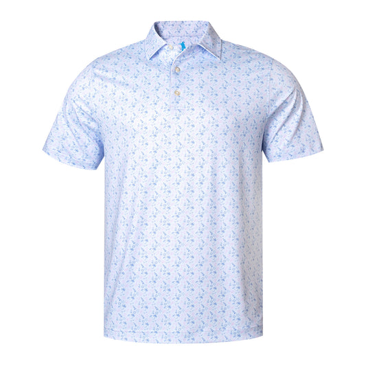 Light blue patterned polo shirt on a white background