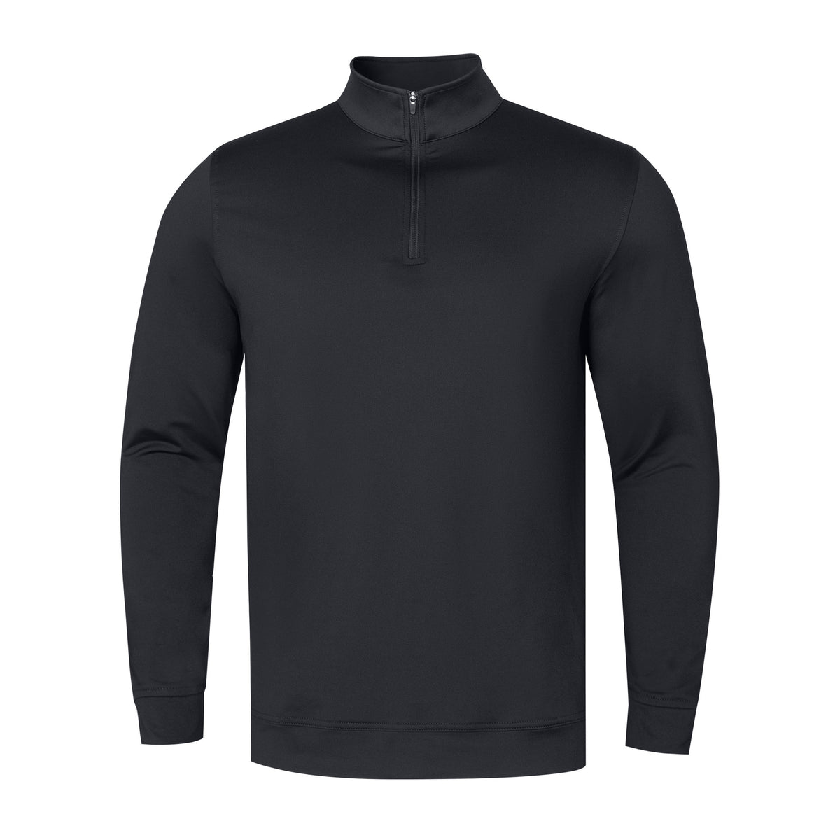 A black long-sleeve quarter-zip pullover sweatshirt with a mock neck collar, displayed on a clean white background.