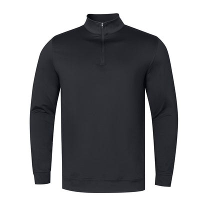 A black long-sleeve quarter-zip pullover sweatshirt with a mock neck collar, displayed on a clean white background.