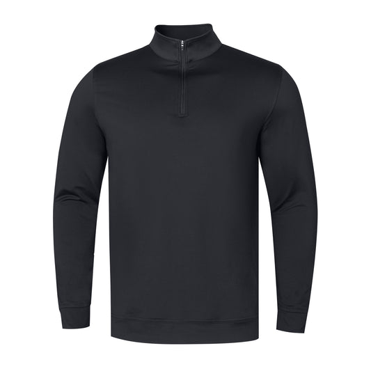 A black long-sleeve quarter-zip pullover sweatshirt with a mock neck collar, displayed on a clean white background.