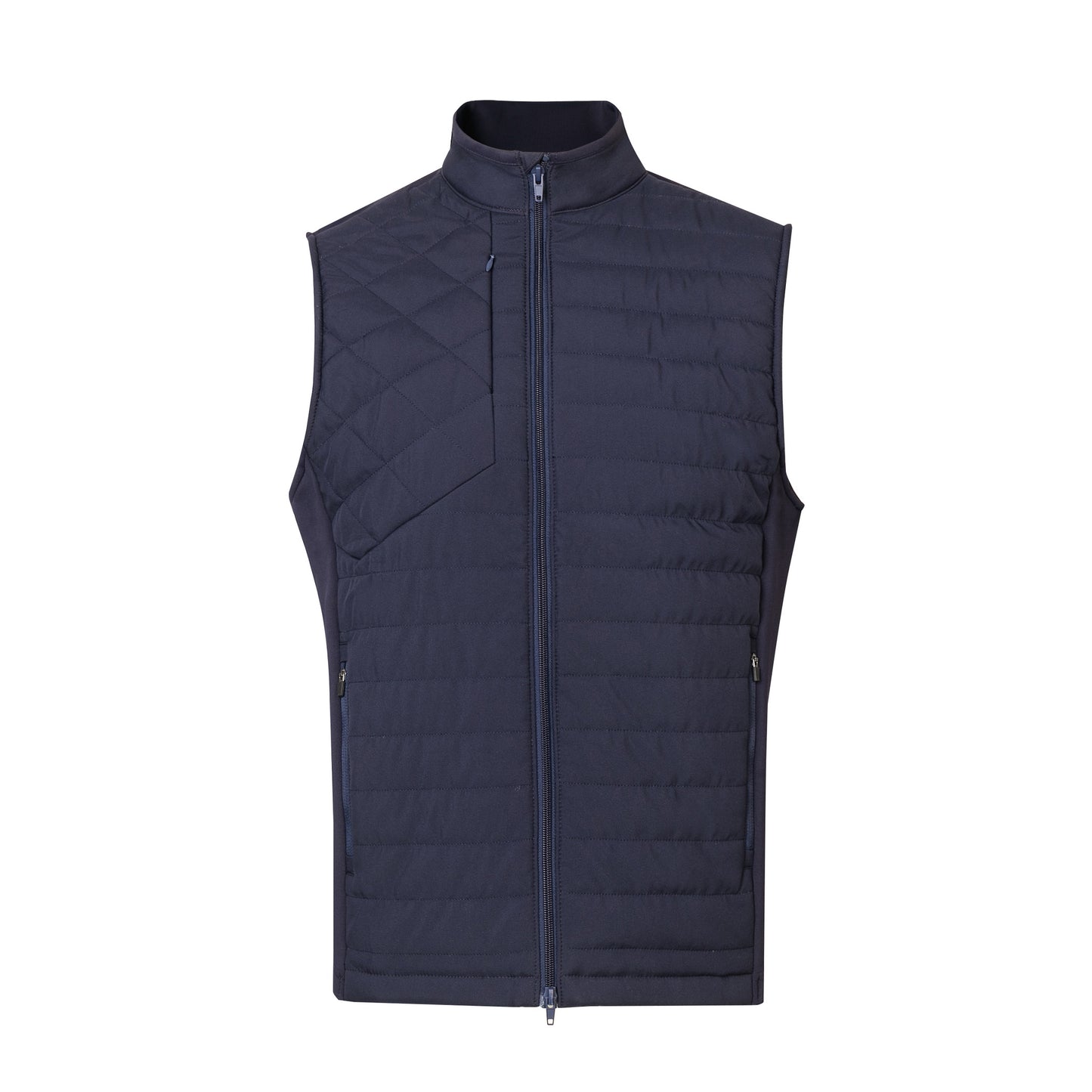 Black quilted vest on a white background