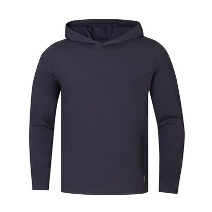 A dark navy blue long-sleeve hooded sweatshirt shown on a plain white background.