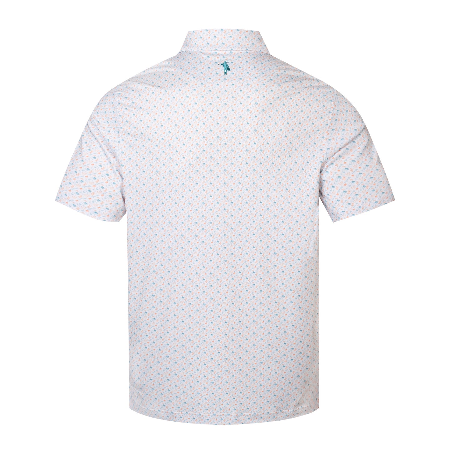 White short-sleeve shirt with a subtle pattern on the back, featuring a brand logo.