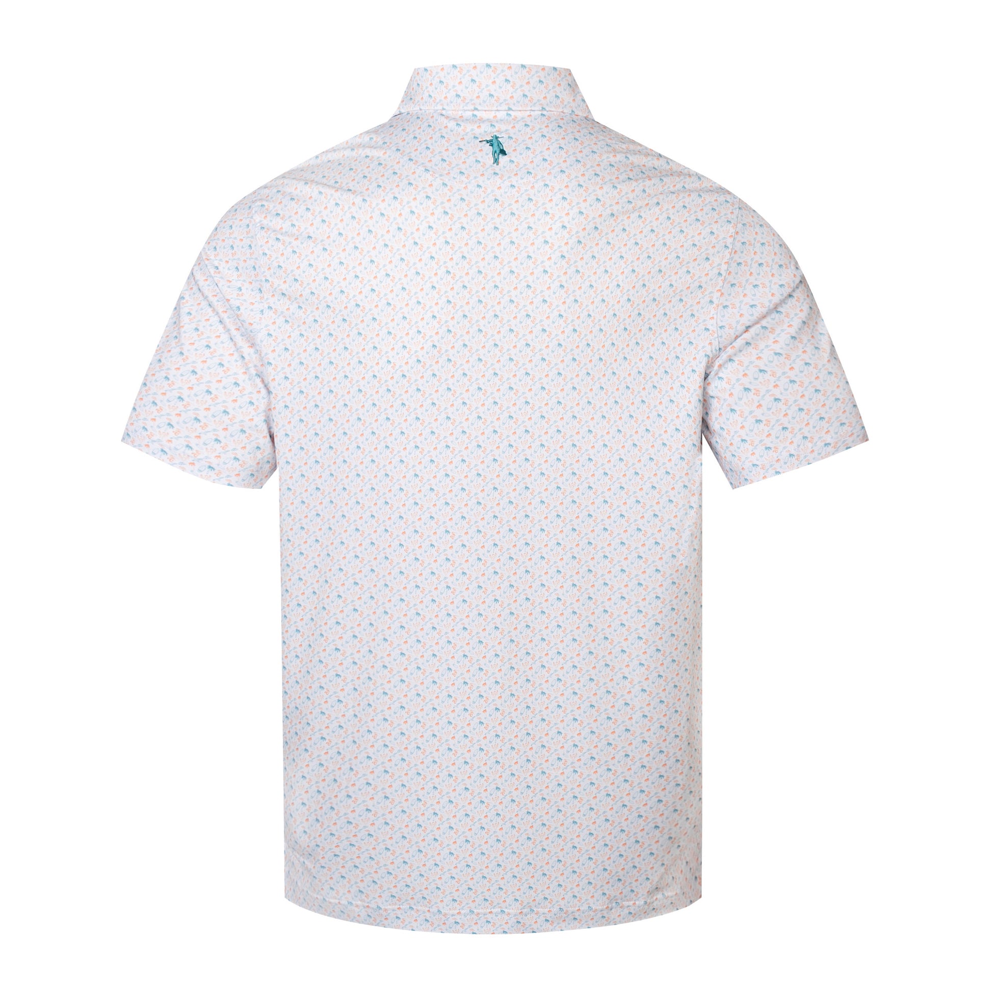 White short-sleeve shirt with a subtle pattern on the back, featuring a brand logo.