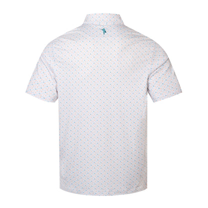 White short-sleeve shirt with a subtle pattern on the back, featuring a brand logo.