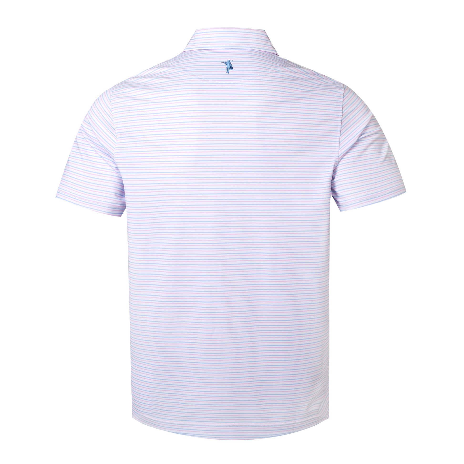 Back view of a light purple and white striped polo shirt on a white background