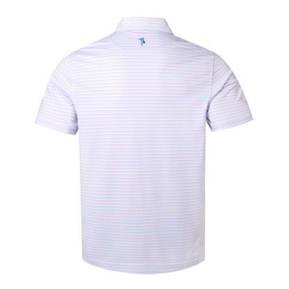 Back view of a light purple and white striped polo shirt on a white background