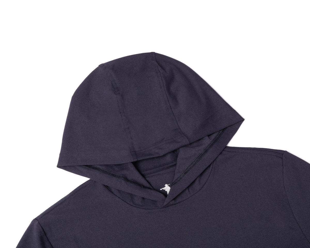 Close-up of a dark navy hooded sweatshirt showing the hood and upper chest area against a plain white background.