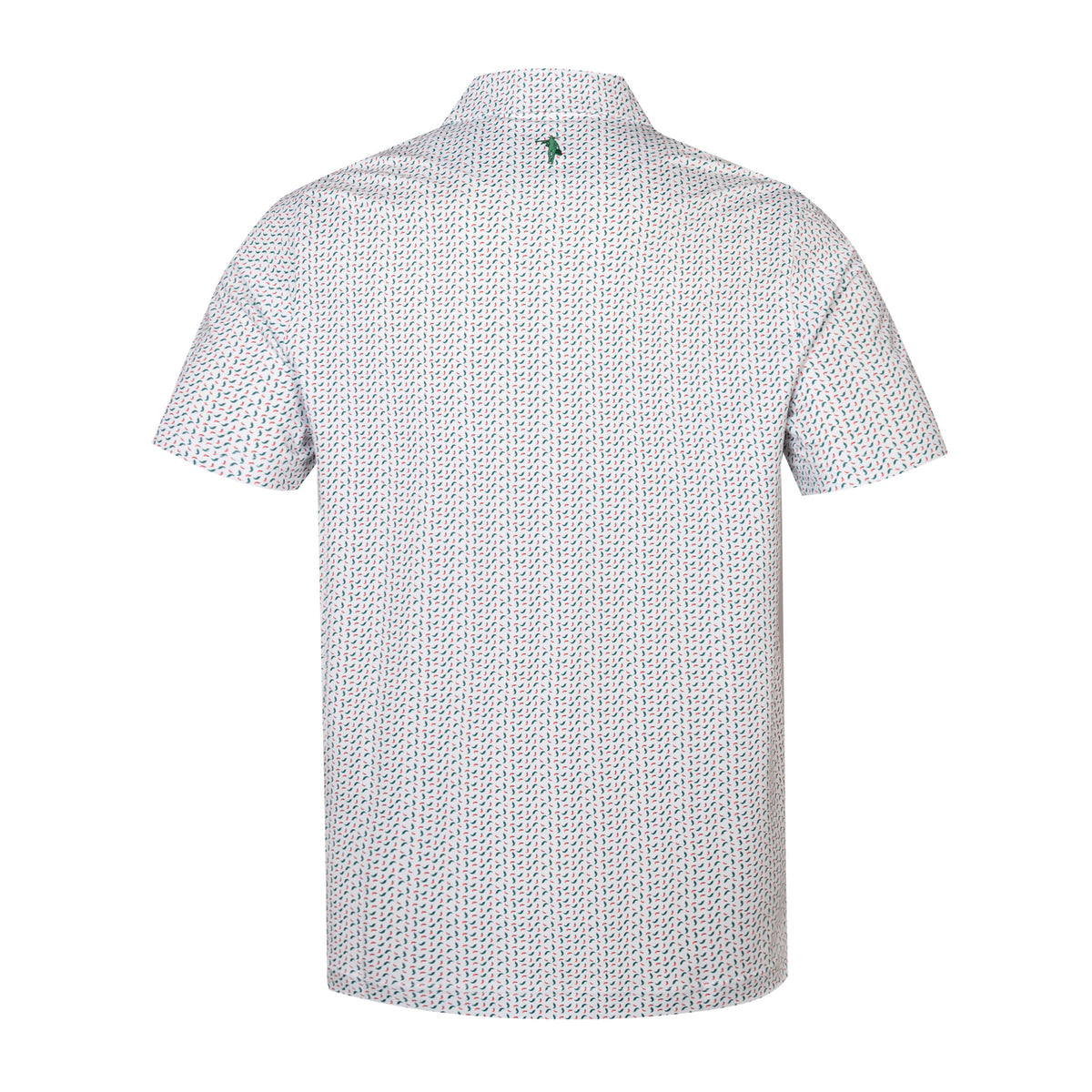 A short-sleeve collared shirt shown from the back, featuring a dense, small-scale geometric pattern in black and white with a tiny green embroidered logo at the center of the collar.