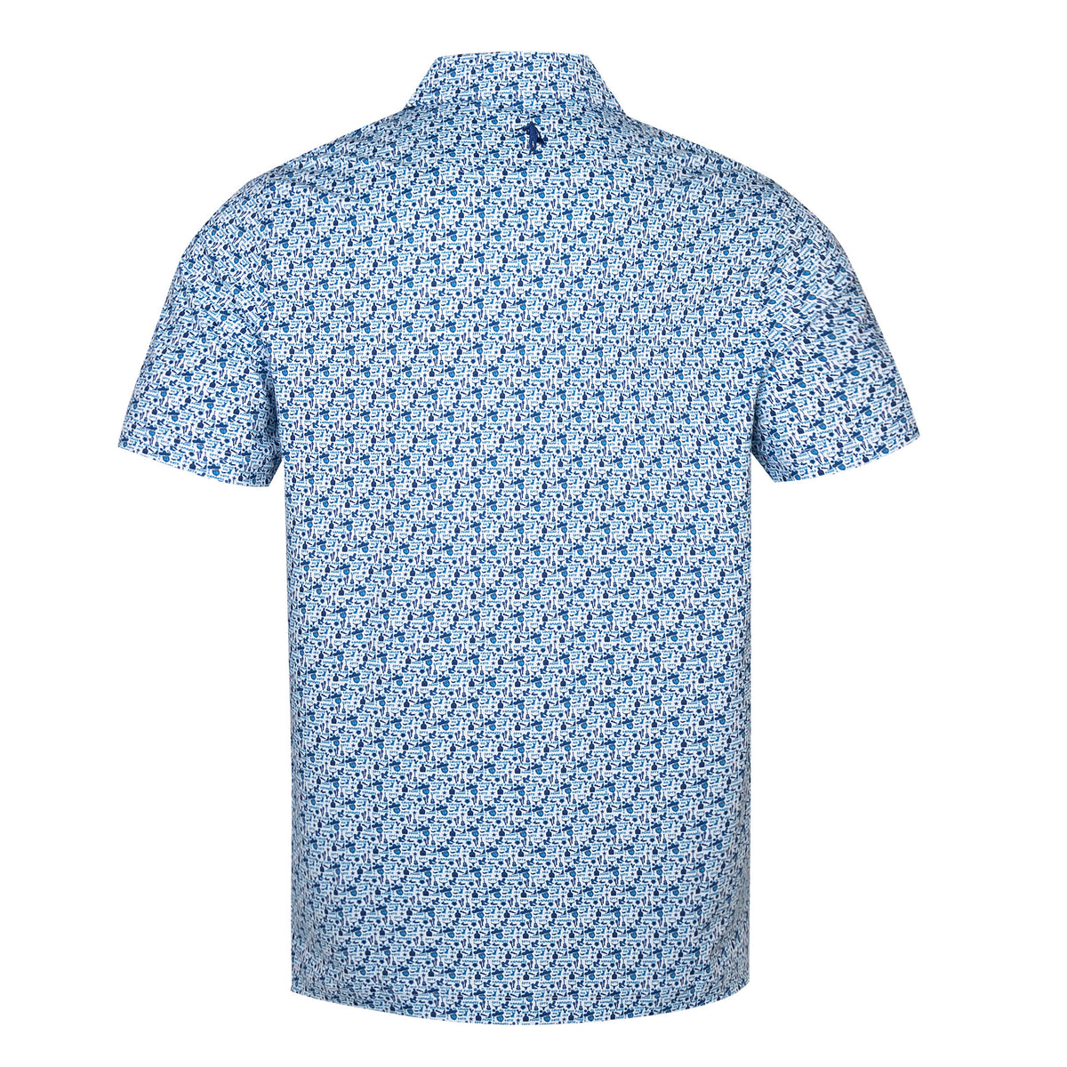 A short-sleeve button-up shirt with a dense blue and white floral pattern, shown from the back on a plain white background.