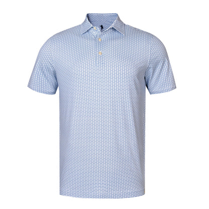 A short-sleeve polo shirt with a fine blue and white gingham pattern, featuring a classic collar and a three-button placket, displayed on a clean white background.