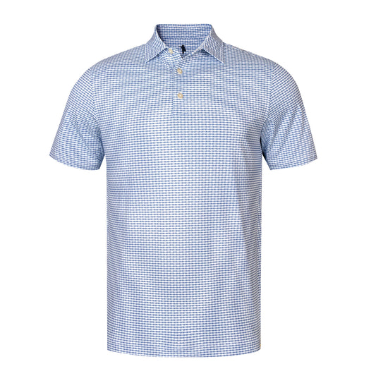 A short-sleeve polo shirt with a fine blue and white gingham pattern, featuring a classic collar and a three-button placket, displayed on a clean white background.