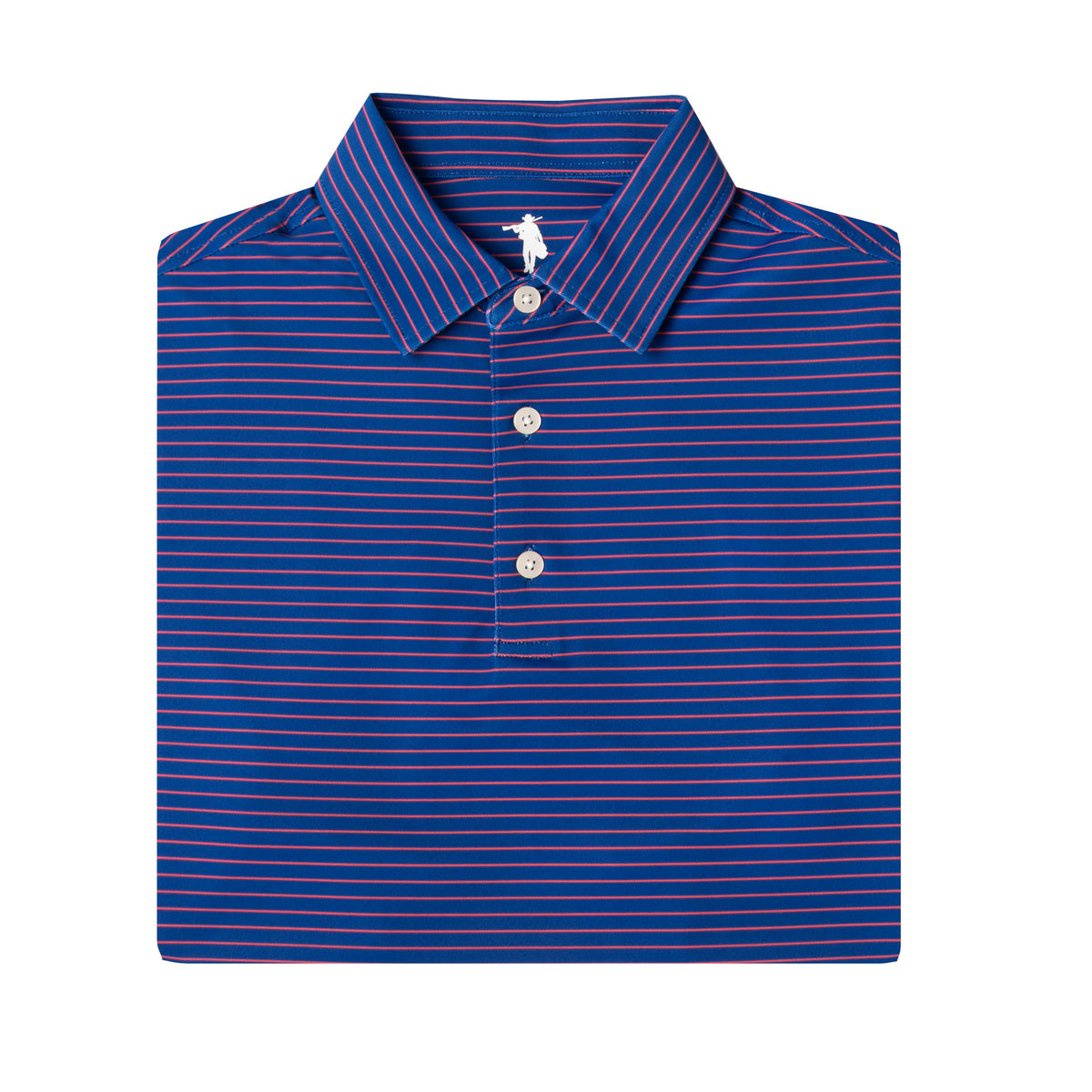 A folded blue polo shirt with thin red and white horizontal stripes, featuring a classic collar and a three-button placket.