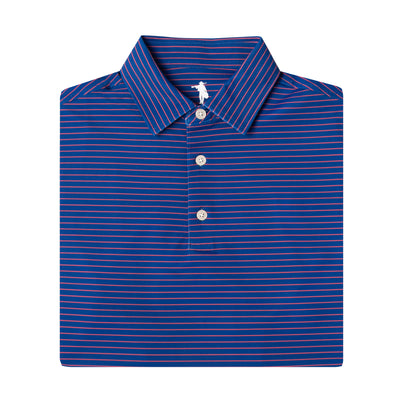 A folded blue polo shirt with thin red and white horizontal stripes, featuring a classic collar and a three-button placket.