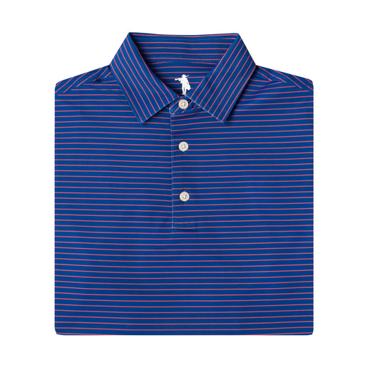 A folded blue polo shirt with thin red and white horizontal stripes, featuring a classic collar and a three-button placket.