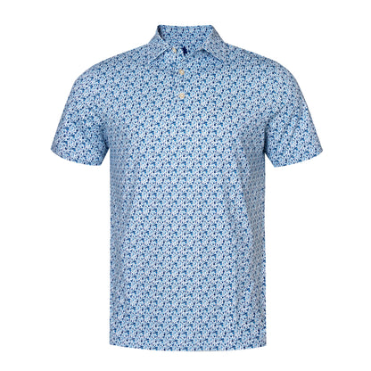A short-sleeve polo shirt with a dense blue and white floral pattern, featuring a classic collar and a three-button placket.