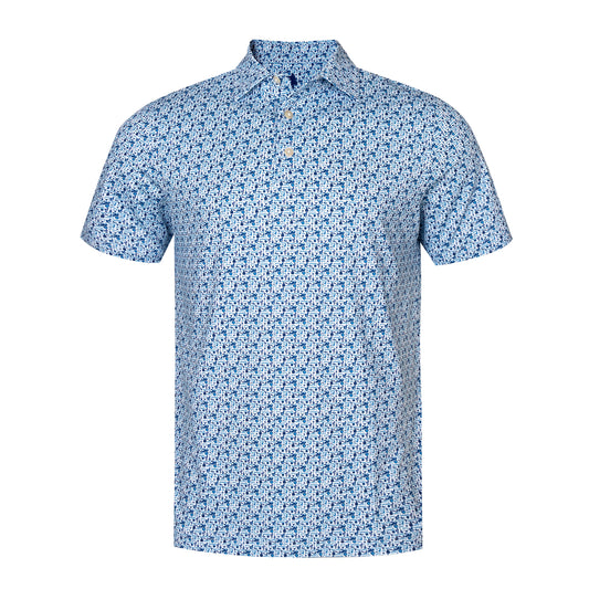 A short-sleeve polo shirt with a dense blue and white floral pattern, featuring a classic collar and a three-button placket.