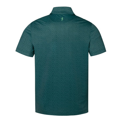 A dark teal green short-sleeve polo shirt with a subtle repeating micro-dot pattern, shown from the back on a solid white background.