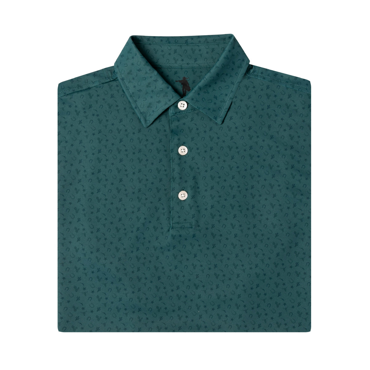 A folded dark teal polo shirt with a subtle micro-pattern, featuring a three-button placket and classic collar, shown on a solid white background.