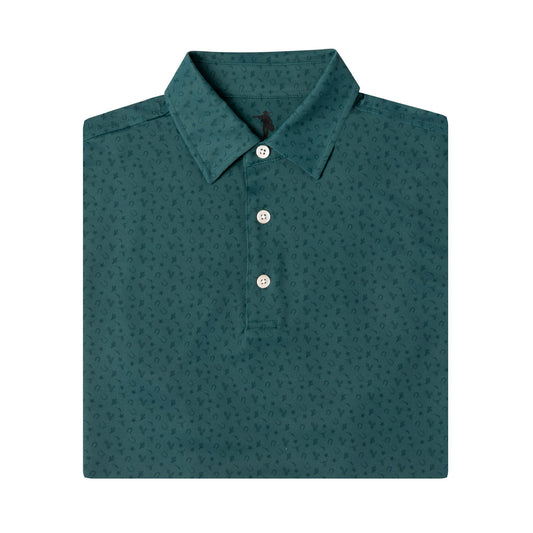 A folded dark teal polo shirt with a subtle micro-pattern, featuring a three-button placket and classic collar, shown on a solid white background.