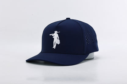 Navy blue cap with white logo on a light gray background