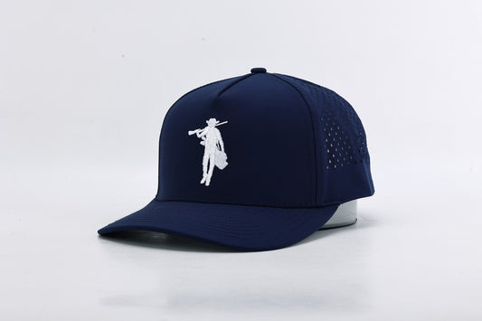 Navy blue cap with white logo on a light gray background